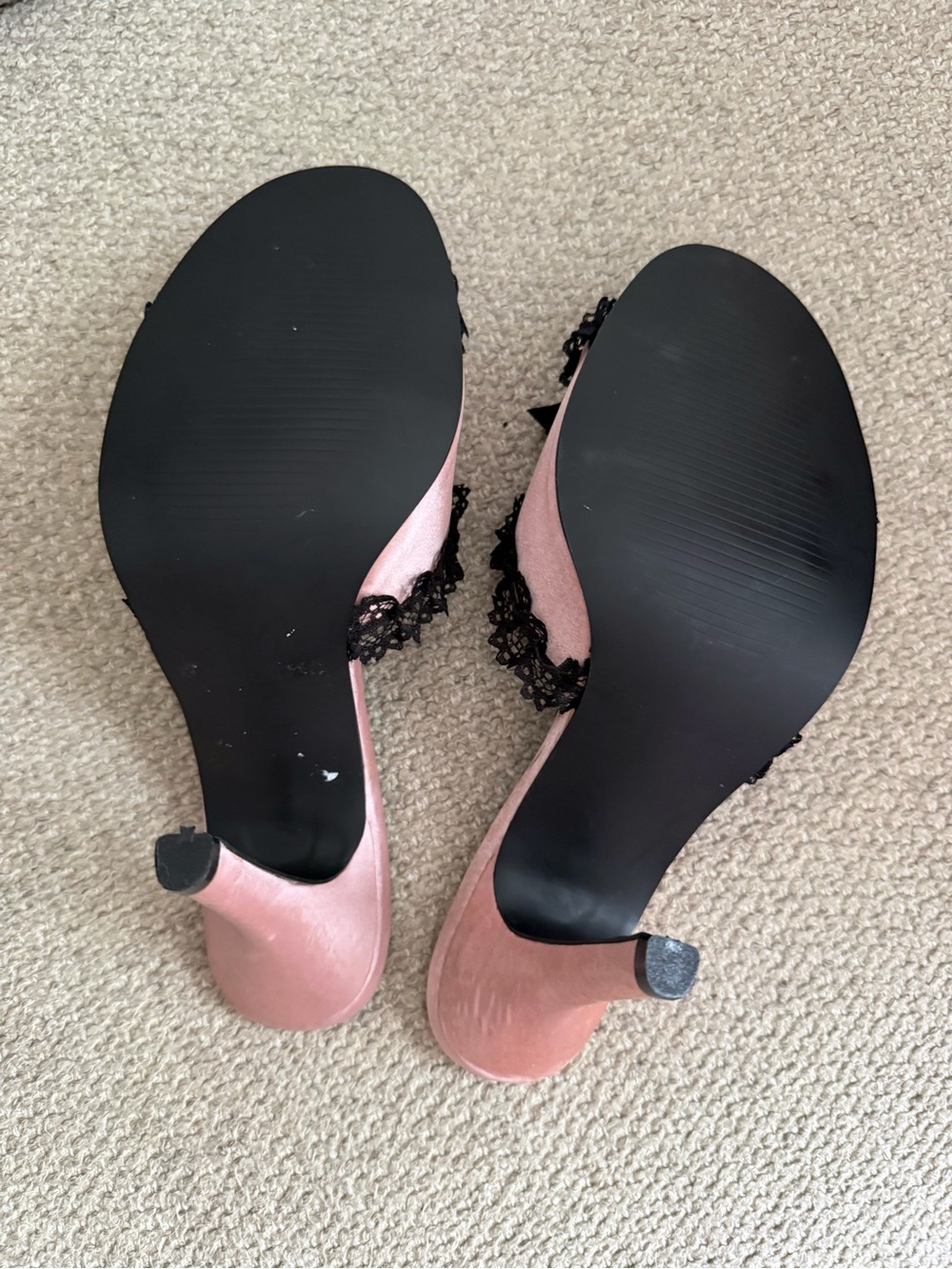 Y2K La Vie en Rose Pink Satin Heeled Sandals with Black Lace and Bow - Picture 5 of 6